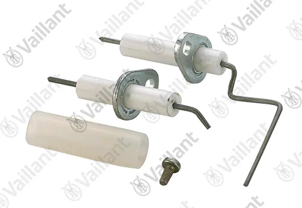 Vaillant Zündelektroden in weißem Kunststoff mit metallischen Halterungen und einer Schraube, zusammen mit einem weiteren weißen Element.